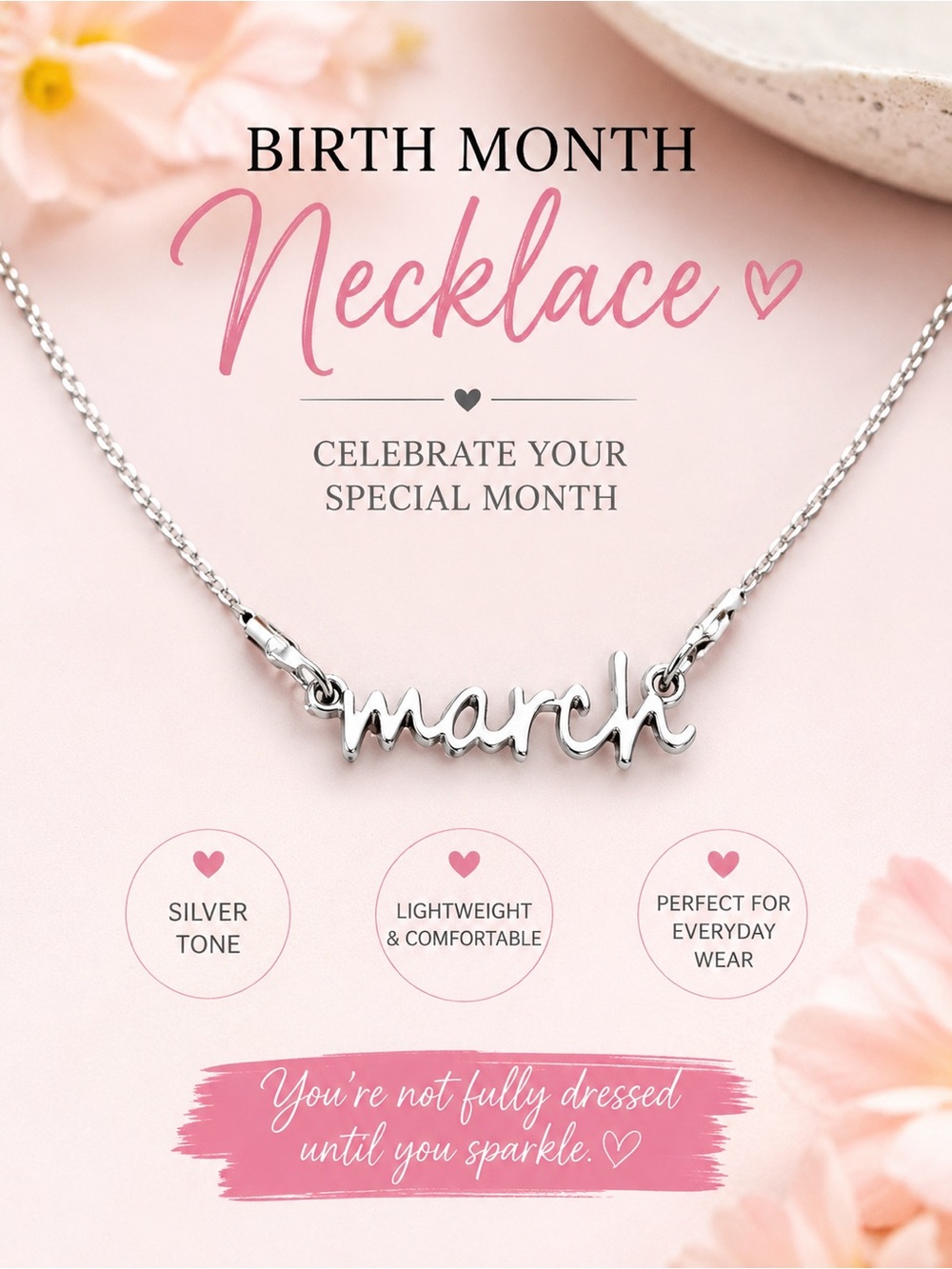 paparazzi Silver Tone "March" Script Birth Month Necklace